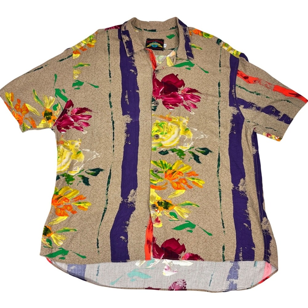 Jams World Button Up Shirt Tan Floral 30th Anniversary Edition Hawaiian Art XL